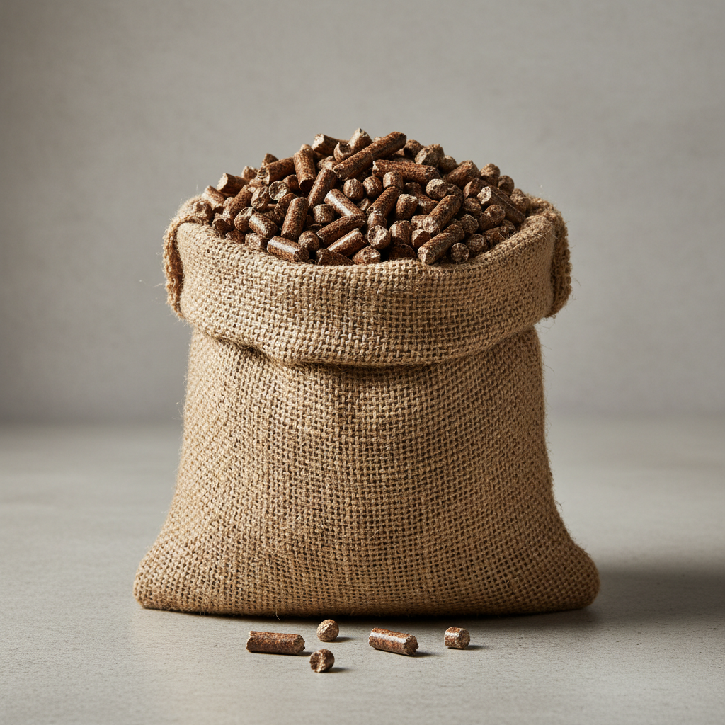 Wood pellets in burlap sack showing sustainable biomass fuel
